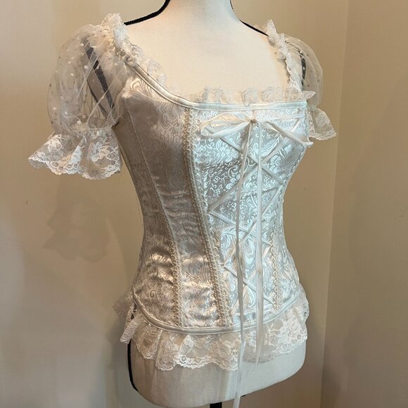 White Brocade Princess Renaissance Fair Corset Top Size M - Picture 4 of 10